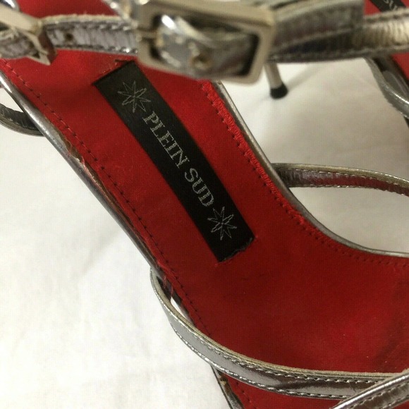 Plein Sud Strappy Sandal Silver Metallic Leather Thong Toe Slim Heel - Picture 6 of 8